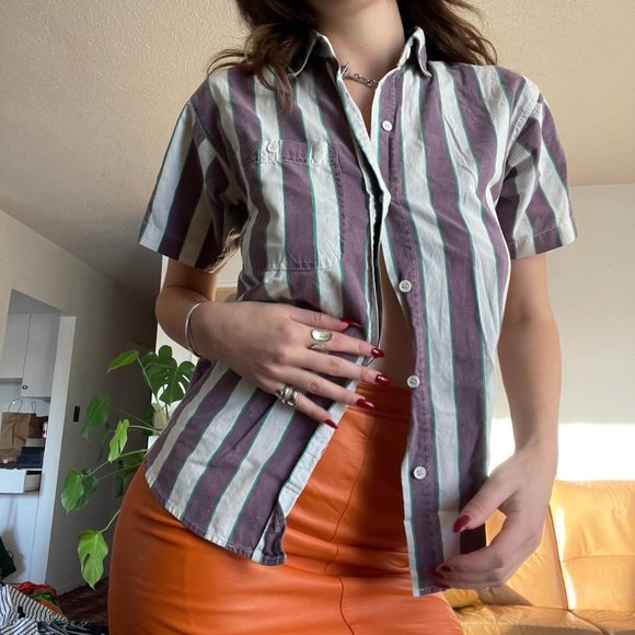 Vintage Short Sleeve Vertical Nautical Stripe Button Up Shirt - Picture 2 of 3